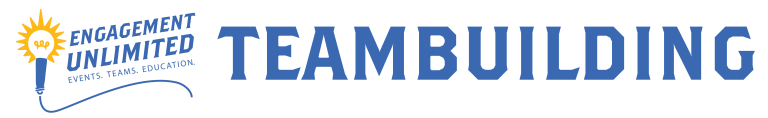 Logo featuring a lightbulb with the words "Engagement Unlimited: Events, Teams, Education" next to it, followed by "Teambuilding" in large blue letters. Add a touch of intrigue with elements of a murder mystery theme for an unforgettable team experience.