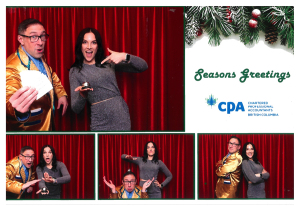 A man in a gold jacket and a woman in a gray dress pose playfully in a photo booth with red curtains, ready to bust a move. "Seasons Greetings" and the CPA British Columbia logo appear on the right, with holiday greenery at the top.