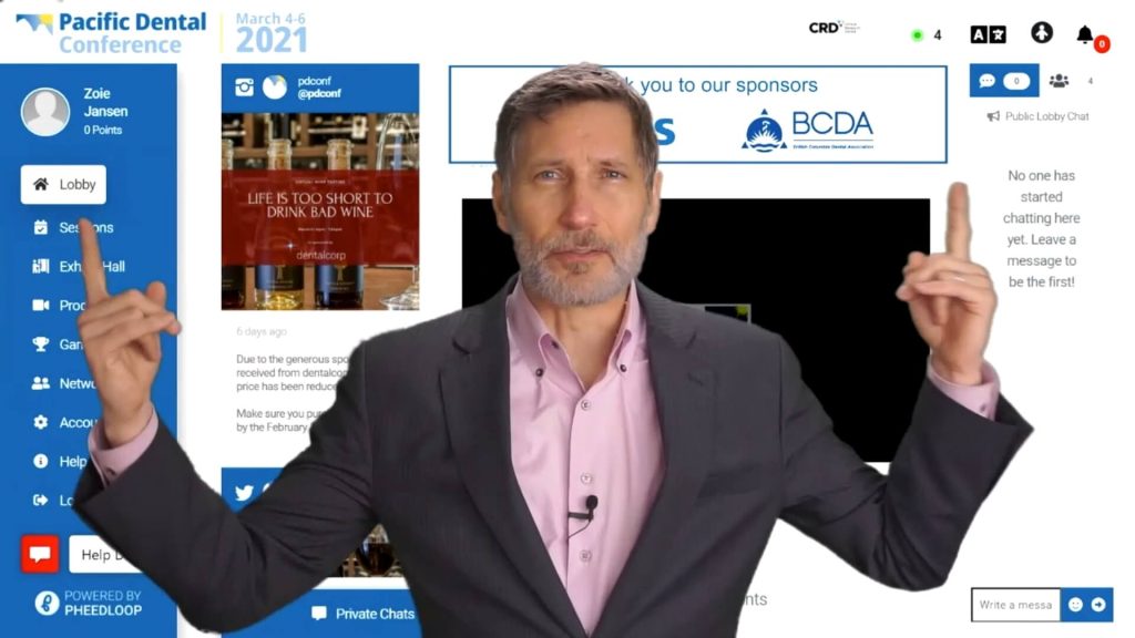 Screenshots of Roger presenting virtually (keynote on screen, audience visible)