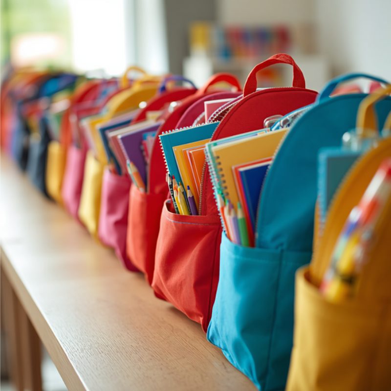 Colorful Backpacks for Kids filled with school supplies - charitable give-back team building with Engagement Unlimited