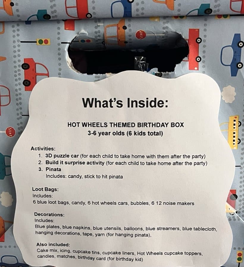 Birthday Box labeled for age and theme give-back team building
