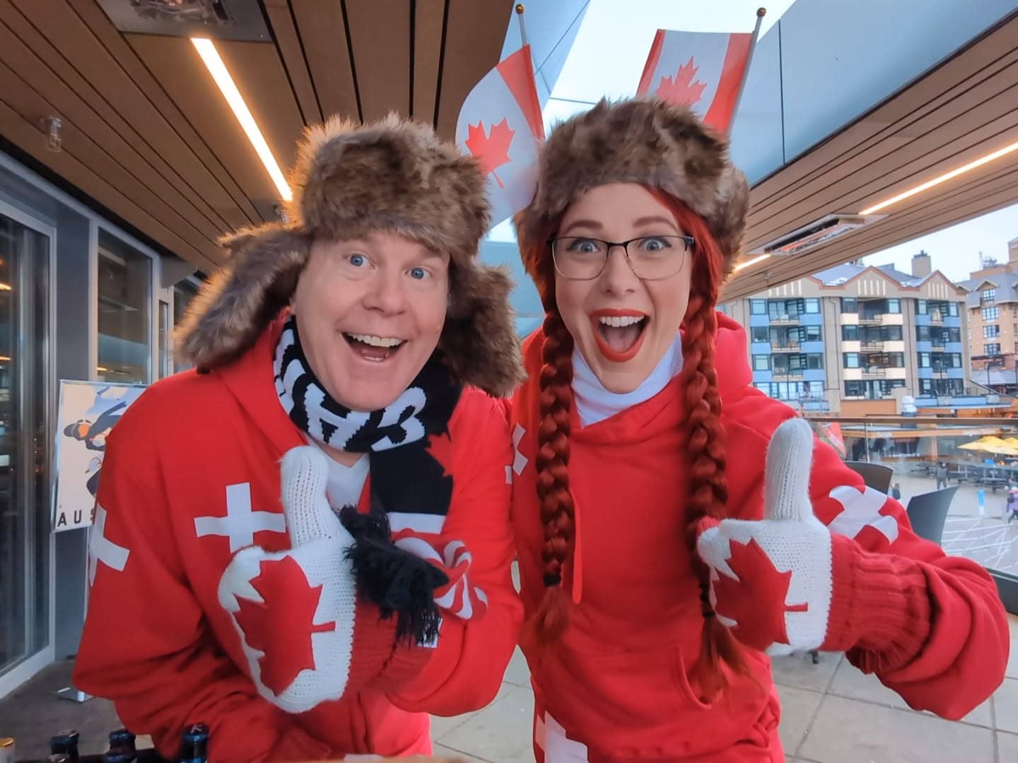 Après-ski patrol-themed roving characters entertain guests