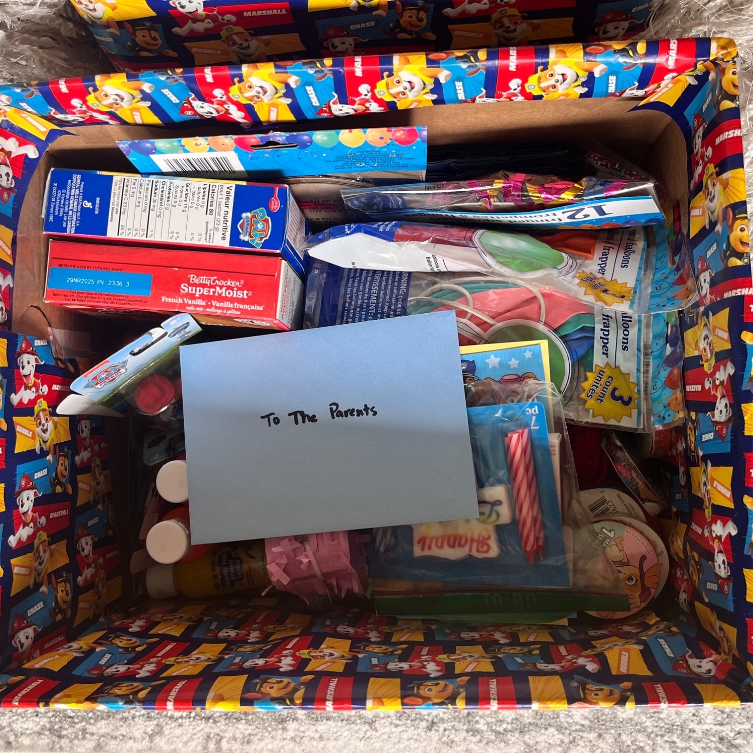 A look inside a completed Birthday Box