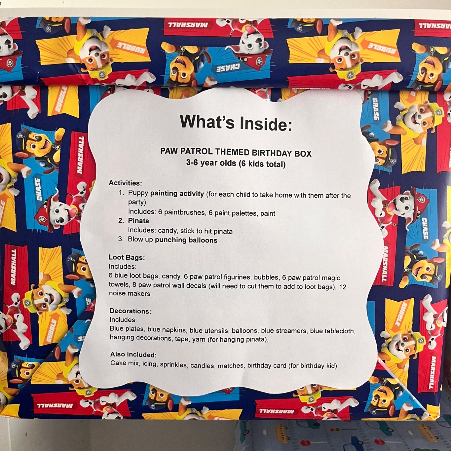 A completed Birthday Box with its contents displayed