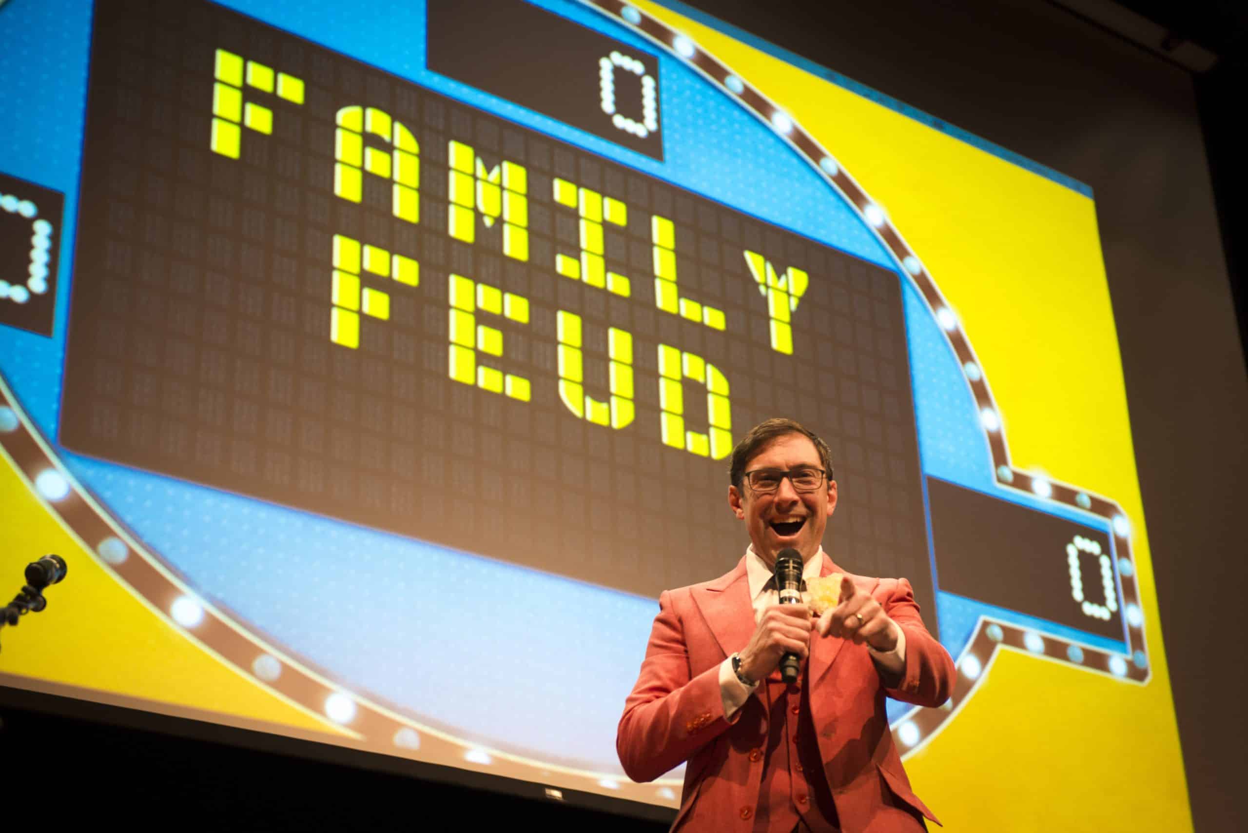 Contestants face off during a Family Friendly Feud game show