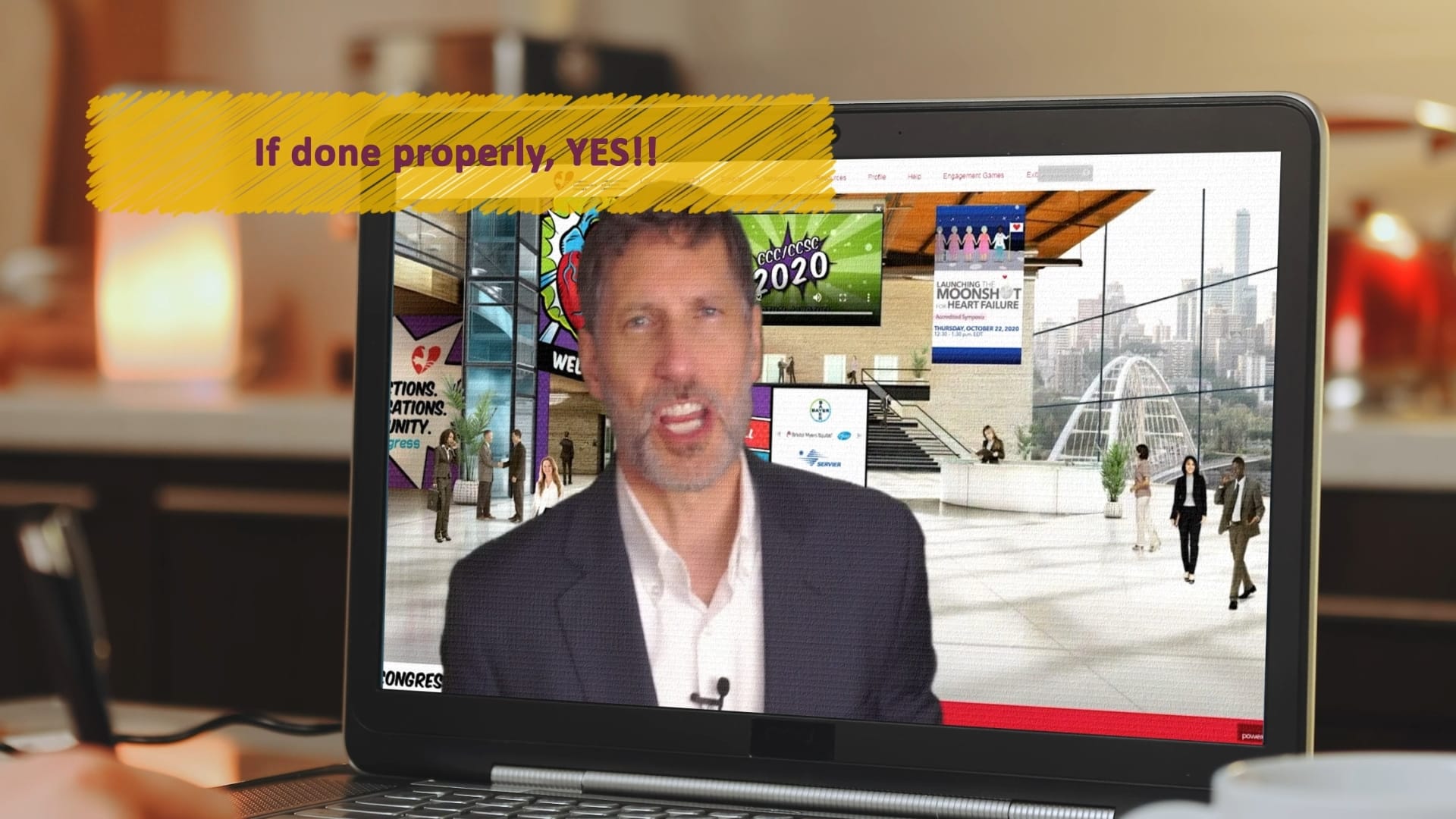 A virtual conference session hosted live on screen