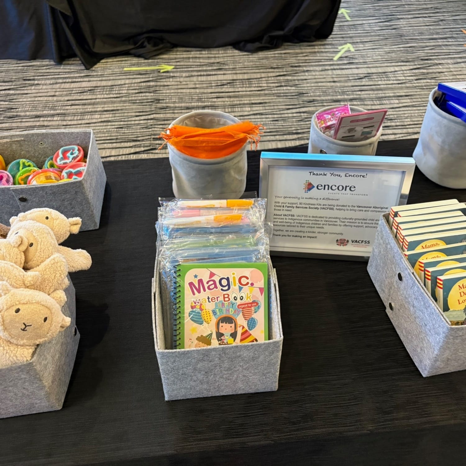 Assembled Kindness Kit items laid out on a table before packing
