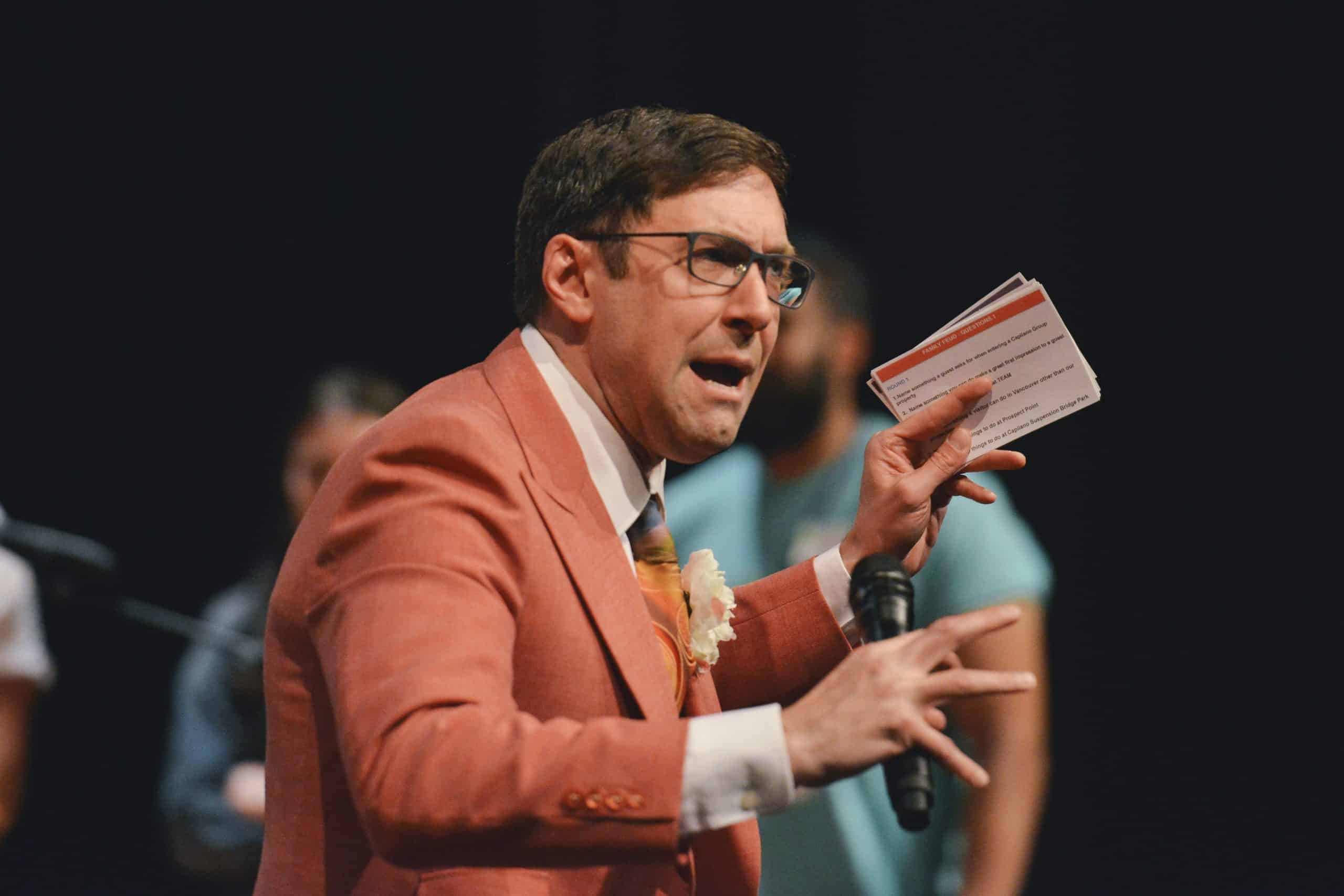 Stefano animates the crowd during a Family Friendly Feud round