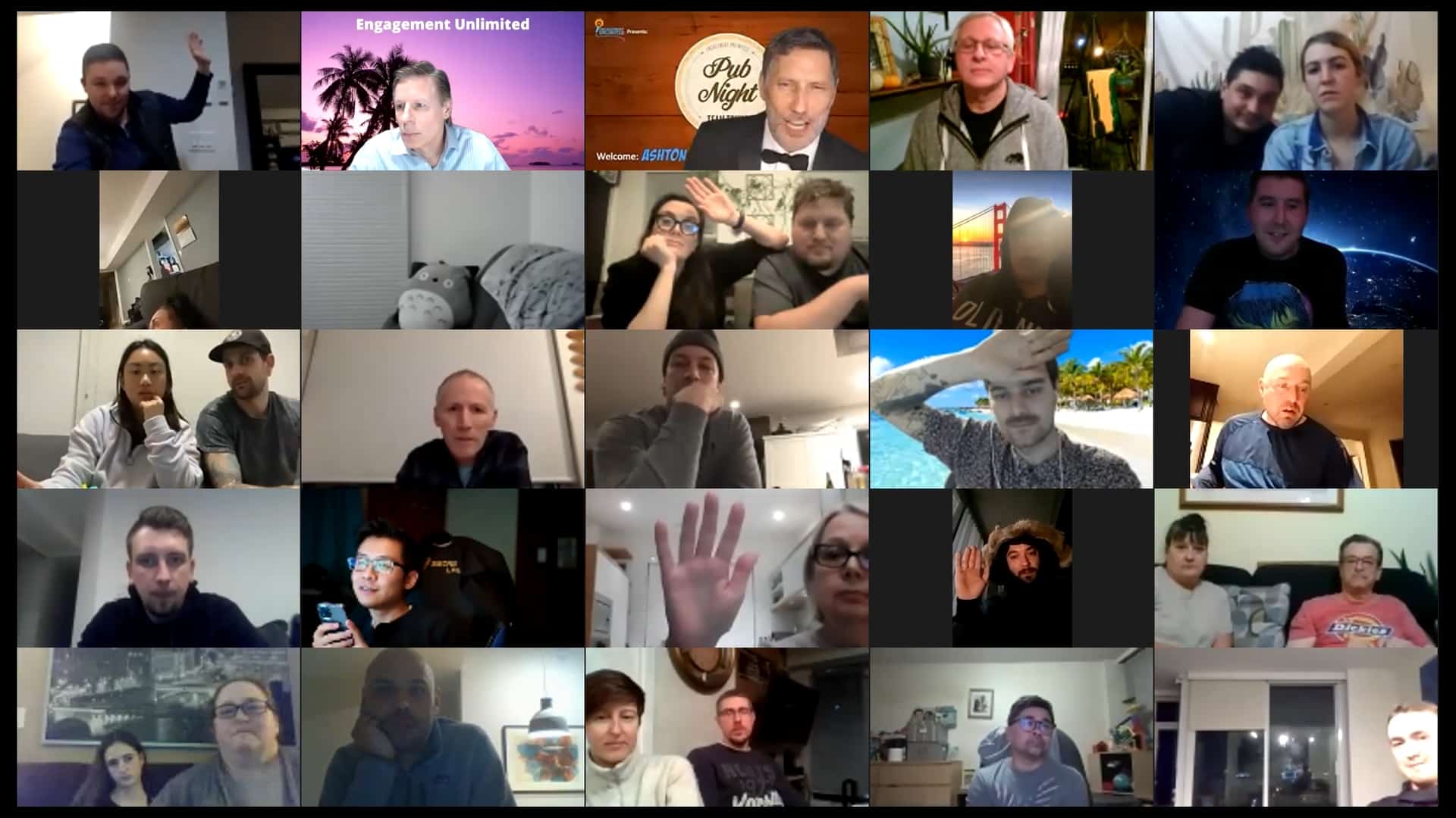 A large virtual Pop Trivia audience on screen with hands raised, hosted live by Engagement Unlimited — virtual and online corporate events, Vancouver