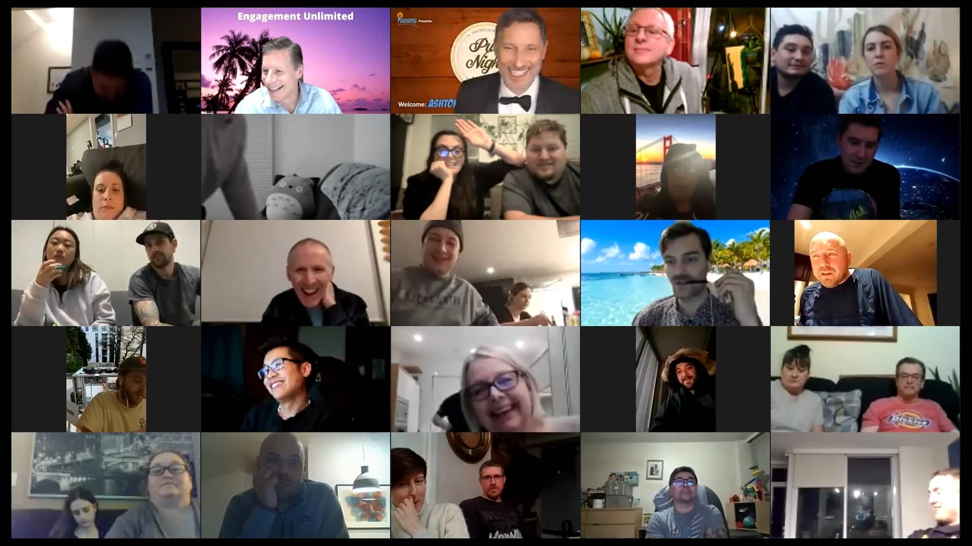 Dozens of remote participants laughing together during a virtual Pop Trivia game — Engagement Unlimited virtual and online corporate events, Vancouver
