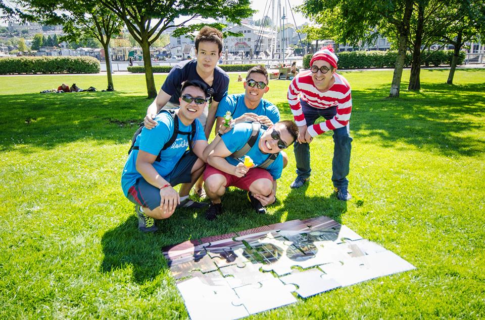 A team solves the Where's Waldo puzzle on the seawall challenge