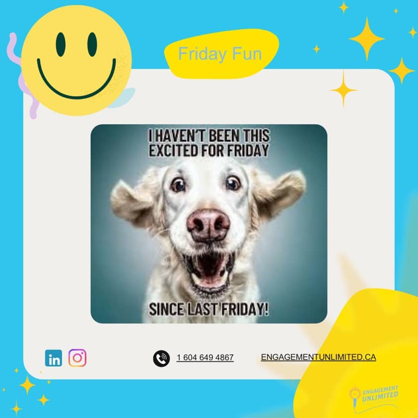 Friday Fun meme: a wide-eyed white dog with ears flying — I haven't been this excited for Friday since last Friday!