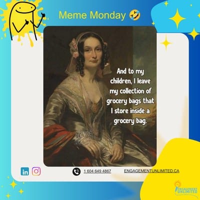 Monday Meme: a classical portrait of a woman leaving her children her collection of grocery bags, stored inside a grocery bag