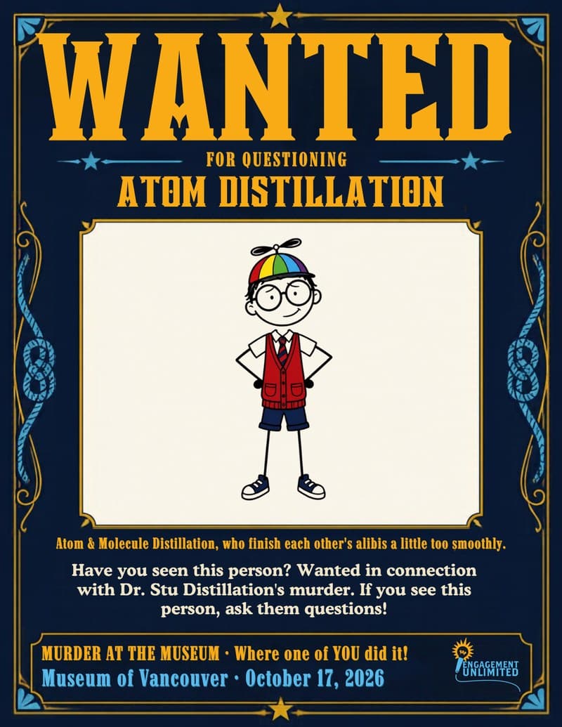 WANTED poster for Atom Distillation, a stick-figure schoolboy twin in a propeller beanie — Murder at the Museum, Museum of Vancouver murder mystery