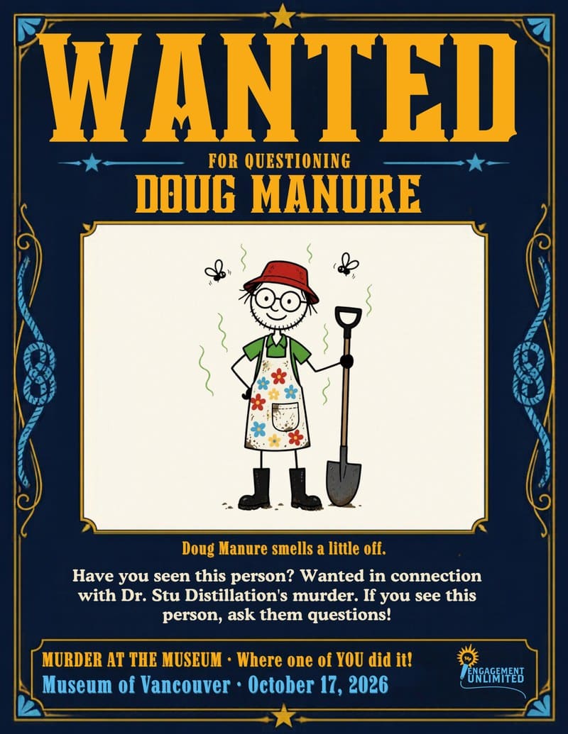 WANTED poster for Doug Manure, a stick-figure gardener with stink lines and flies — Murder at the Museum, Museum of Vancouver murder mystery