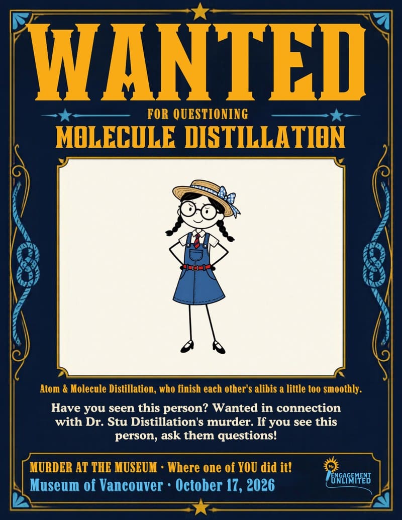 WANTED poster for Molecule Distillation, a stick-figure schoolgirl twin in a straw hat — Murder at the Museum, Museum of Vancouver murder mystery