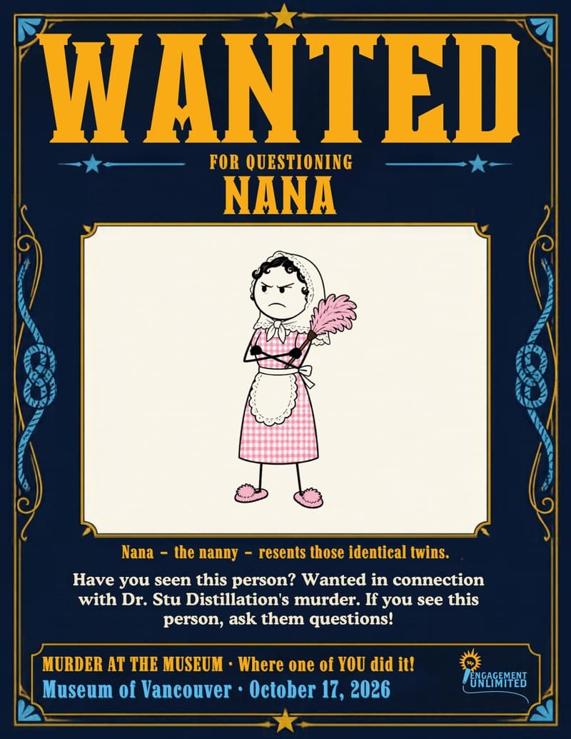 WANTED poster for Nana the nanny, a scowling stick figure in pink gingham — Murder at the Museum, Museum of Vancouver murder mystery